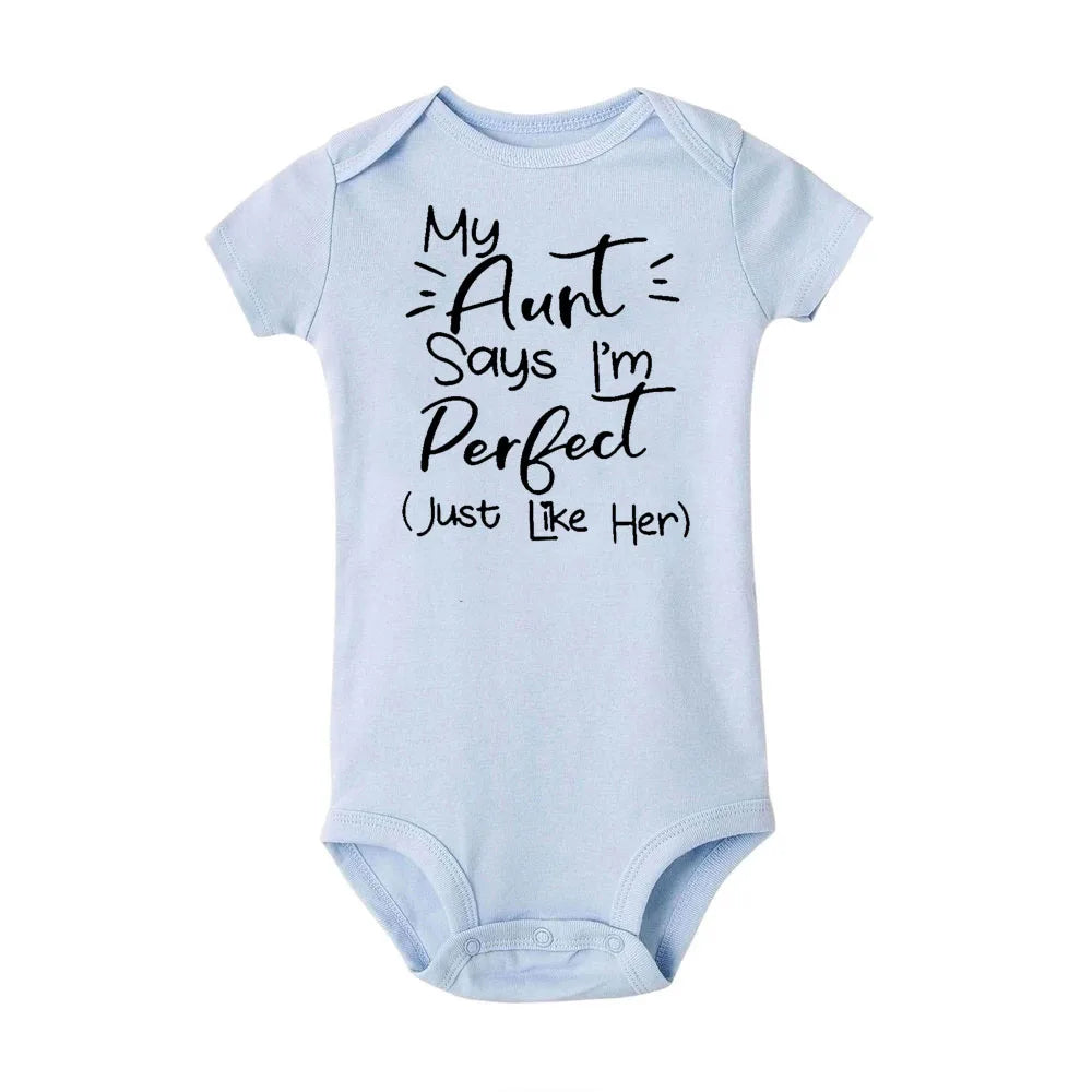 “My Aunt Says I’m Perfect” Letter Printed Infant Toddler Jumpsuit – Summer Newborn Bodysuit – Funny Auntie Baby Clothes – Baby Shower Gifts