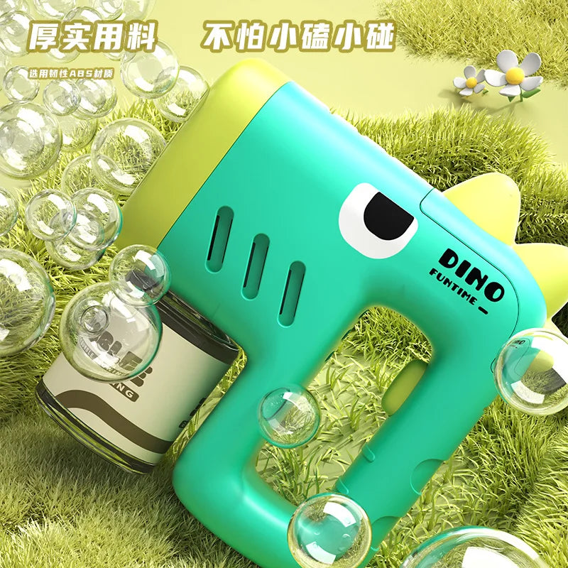 Dinosaur Bubble Machine — Automatic Battery-Powered Bubble Gun for Kids, LED Lights, 360° Rotating, Portable