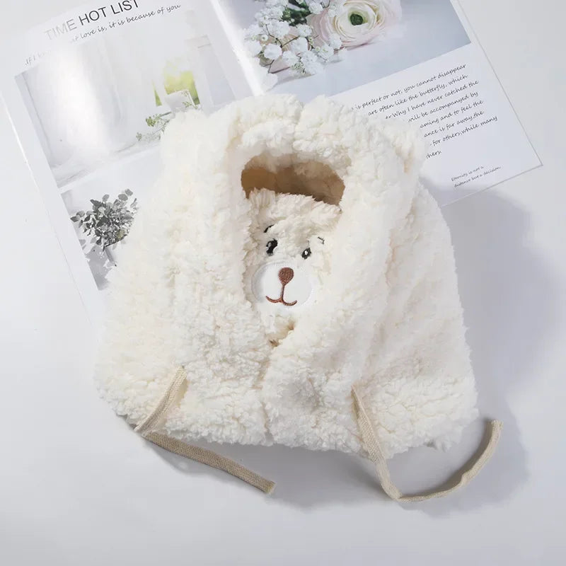 Cartoon Bear Ear Lamb Beanie with Face Mask — Thick Knit Winter Balaclava for Women & Girls
