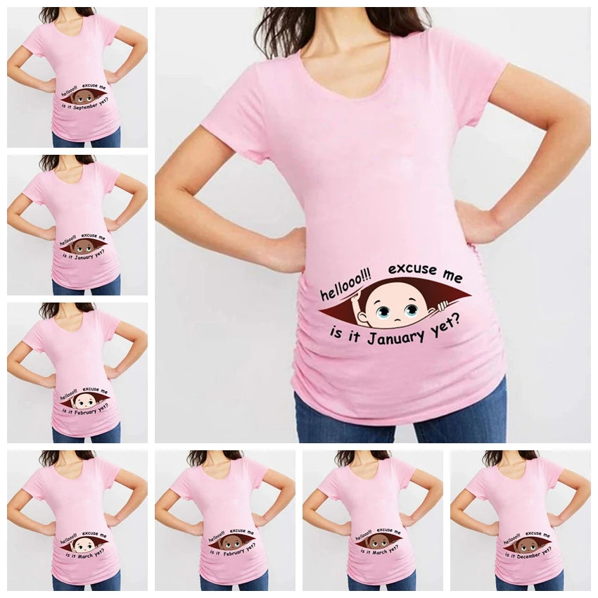 Summer January to December Peeking Baby Print Maternity T-Shirt | Funny Pregnancy Tops | Short Sleeve Pregnant Women Tees