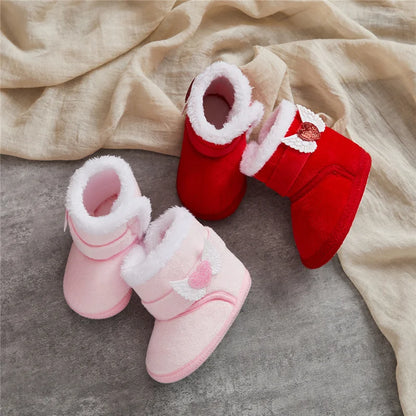 Suefunskry Newborn Baby Winter Snow Boots, Contrast Color Ankle Boots, Warm Plush Heart Wings Baby Walking Shoes for Toddlers (0-18M)