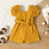 Baby Girl Summer Jumpsuit – Small Square Neck, Bubble Sleeve Belted Romper (Solid Color, Shorts)