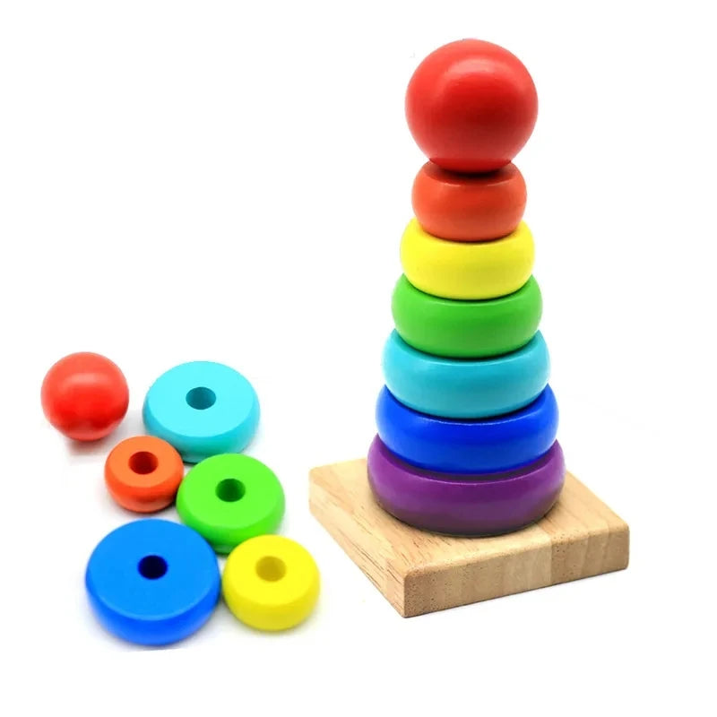 Kids Rainbow Stacking Ring Tower Wood and Plastic Toy