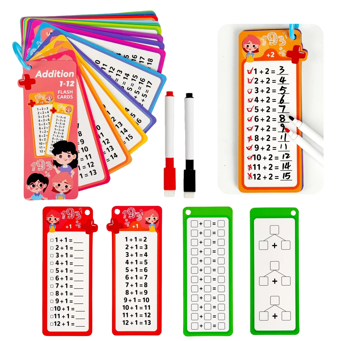 Digital Learning Flash Cards – 15 Cards for Addition, Subtraction, Multiplication, Division, Fractions, and Math Formulas with 2 Erasable Pens, Educational Toy for Kids