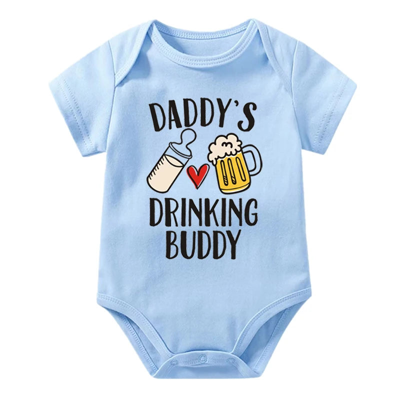 Funny "Daddy's Drinking Buddy" Newborn Baby Romper – Short Sleeve Cotton Bodysuit, Casual Summer Outfit, Perfect for Father's Day Gifts
