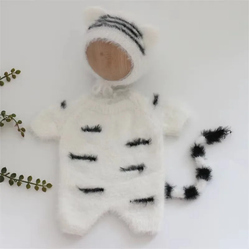 3pcs Baby Furry Tiger Costume Newborn Photography Set, Cute Animal Footed Jumpsuit, Hat & Tail, Infant Boy Girl Photo Prop Outfit