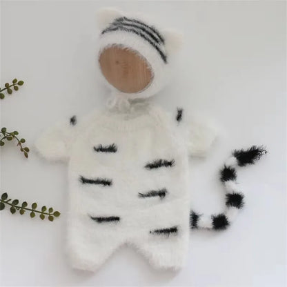 3pcs Baby Furry Tiger Costume Newborn Photography Set, Cute Animal Footed Jumpsuit, Hat & Tail, Infant Boy Girl Photo Prop Outfit