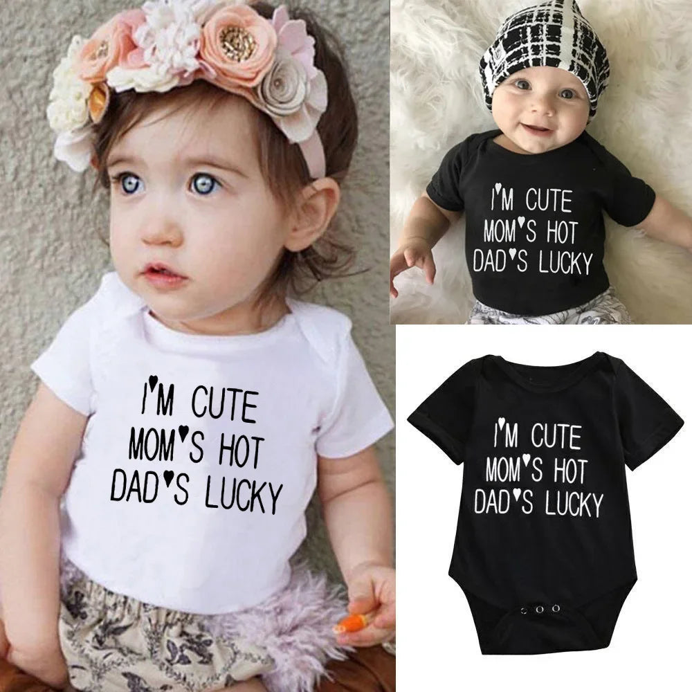 I'm Cute Mom's Hot Dad's Lucky Newborn Bodysuit Baby Girl Boy Clothes Short Sleeve Casual Jumpsuit Playsuit Rompers Outfits