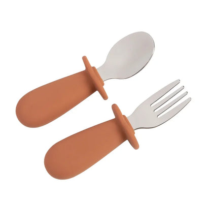 2PCS Baby Tableware Set – Stainless Steel Food Feeding Spoon & Fork, Silicone Handle Utensils for Infants & Toddlers, BPA-Free Cutlery Set
