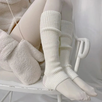 New Japanese Lolita Y2K Solid Color Leg Warmers for Women - Hollowed Out Foot Heel, Warm Knitted Knee-High Socks | Legging Gaiters Cover