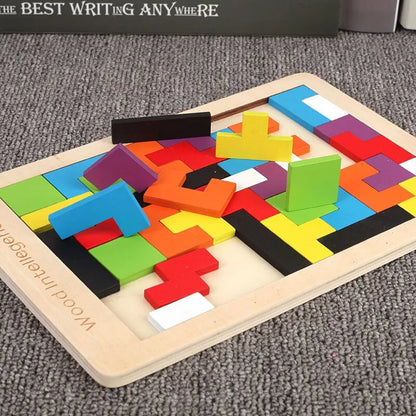 Wooden Blocks Puzzle, Brain Teasers Toy, Tangram Jigsaw, Colorful 3D Russian Blocks, Montessori Educational Toy