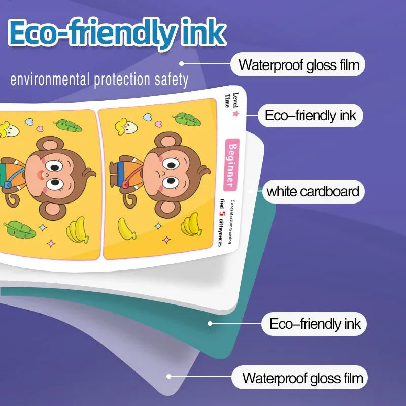64Pcs Find the Differences Card Game – Reusable Wipeable Paper Puzzle with 3 Difficulty Levels, Educational Cartoon Game for Kids