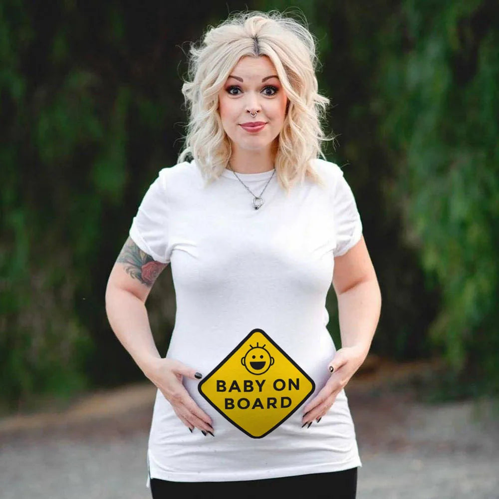 Plus Size Funny Maternity T-Shirt Baby on Board Pattern Print Pregnant Woman Tops, Pregnancy Short Sleeve T-Shirt Clothes