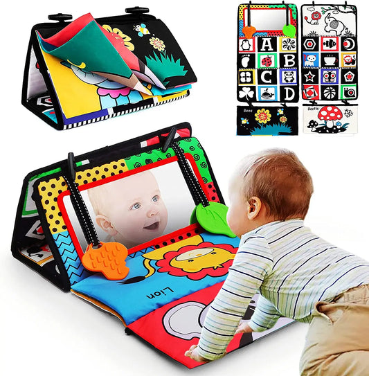 Crinkle Cloth Book - Visual Stimulation Newborn Toy, 0-3 Months Brain Development, Tummy Time Mirror Toy for Infants, Sensory Babies