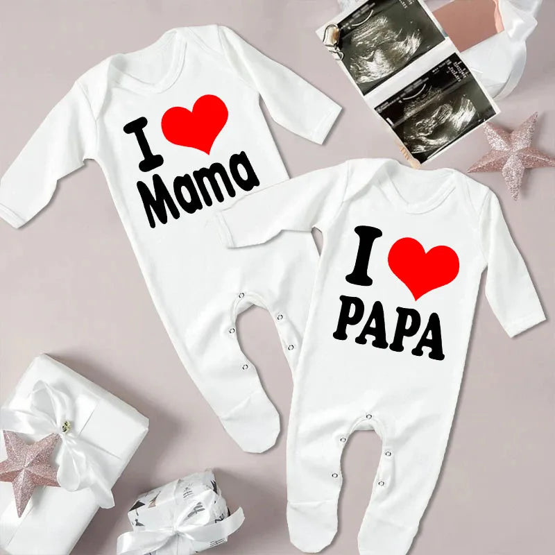 I Love Papa Mama Baby Babygrow Sleepsuit – Cute Coming Home Outfit, Newborn Shower Gift, Boy Girl White Romper, Infant Sleepsuit