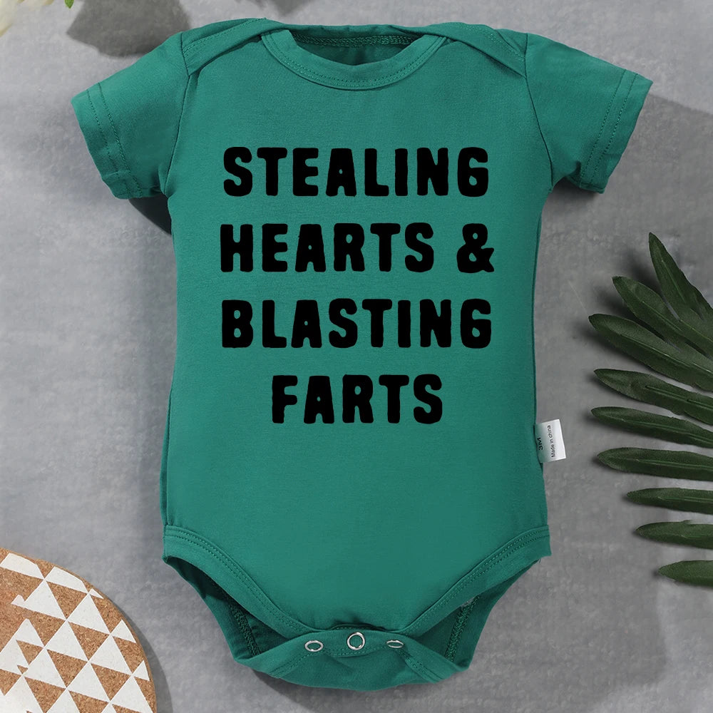Creative Baby Onesie – "Stealing Hearts and Blasting Farts" Letter Print Funny Bodysuit – Comfy & Breathable Cotton Infant Clothes (0-24M)