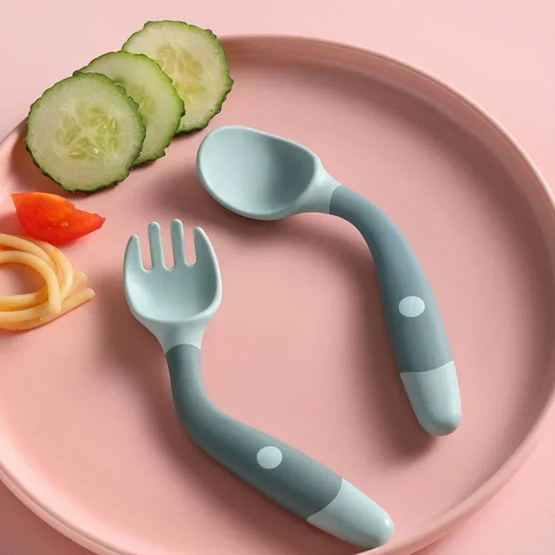 Baby Spoon & Fork Set - Soft Bendable Silicone Scoop Fork Kit, Toddler Training Feeding Cutlery, Children Tableware Utensils