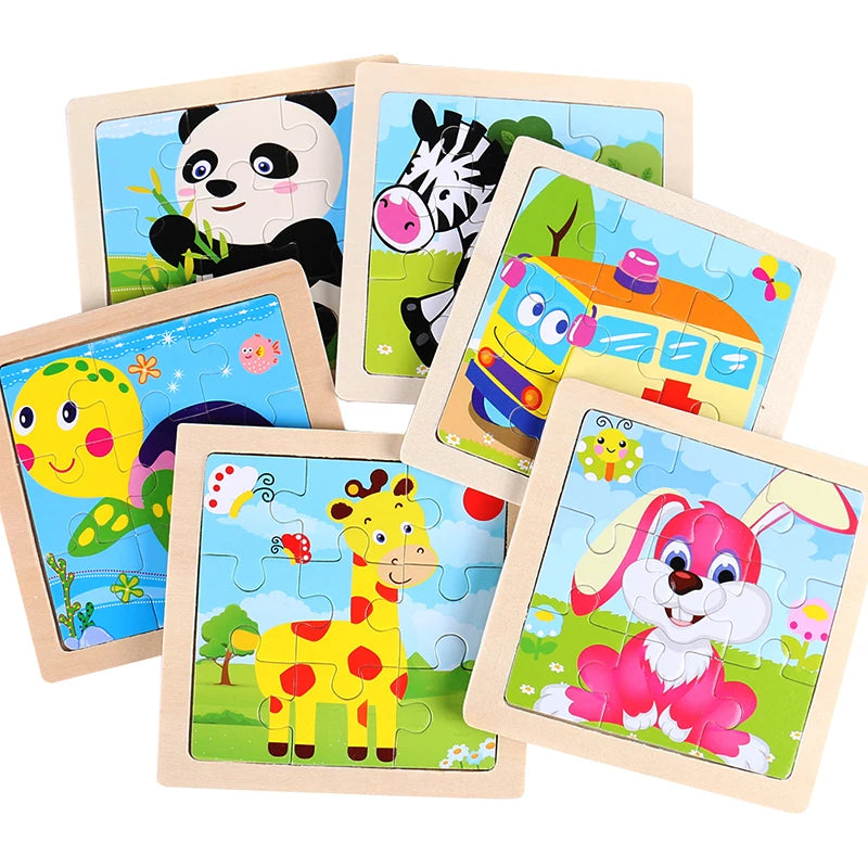 11cm (4.33in) Kids Wooden Jigsaw Puzzle – Cartoon Animal and Vehicle Montessori Educational Toy