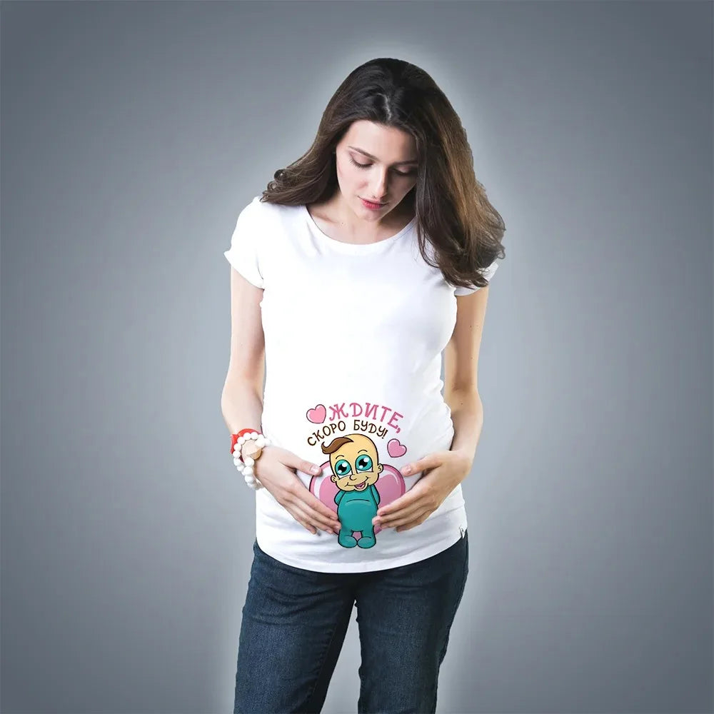 Fashionable Cute Baby Pregnancy T-Shirt for Women | Pure Cotton Printed Fun Summer Short Sleeve White Top