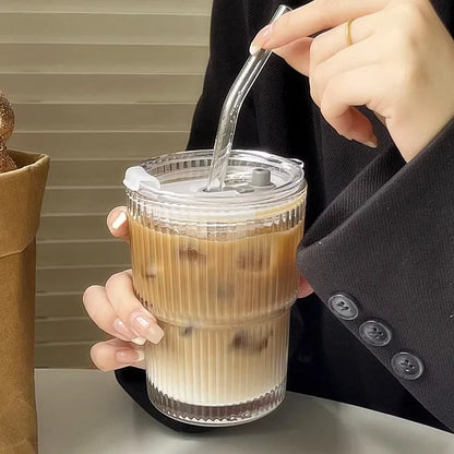 15 fl oz (450 ml) Glass Cup with Lid & Straw - Heat-Resistant Transparent Coffee, Tea & Juice Mug