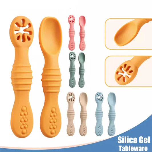 2PCS Baby Learning Spoons Set - Silicone Toddler Liquid Food Spoon & Fork Utensils, Soft Scoop Weaning Cutlery, Baby Feeding Tableware