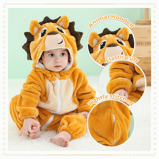 MICHLEY Halloween Dinosaur Baby Romper – Hooded Flannel Jumpsuit for Toddlers & Infants, Winter Costume Bodysuit for Kids