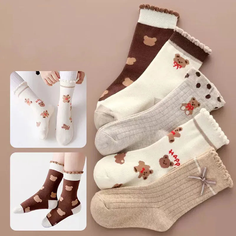 5 Pairs Cartoon Bear Children’s Middle Tube Socks - Autumn & Winter Keep Warm Sport Socks for Girls & Boys | Baby Cotton Socks for Kids