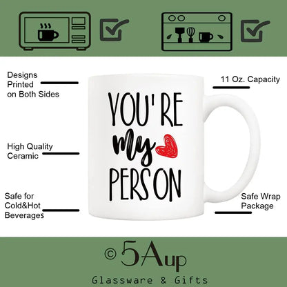 You're My Person Coffee Mug - 11 oz (320 ml) Ceramic Mug with Red Heart, Funny Inspirational Gift for Wife, Husband, Boyfriend, Girlfriend