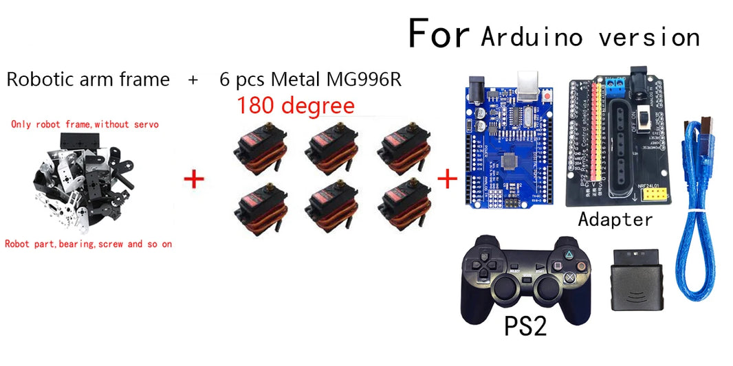 360° 6 DOF Robot Metal Alloy Mechanical Arm Claw Kit MG996R for Arduino, Robotics Educational Kit, PS2 Programmable Toy