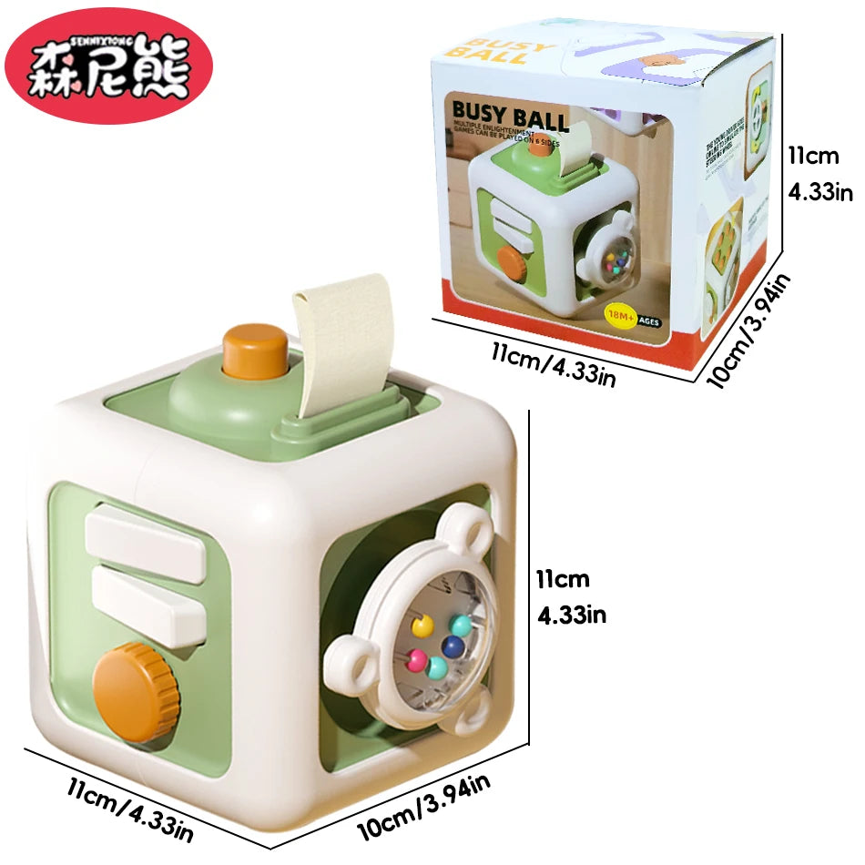 6-in-1 Activity Cube Busy Board – Montessori Sensory Toy with Drawer and Switches, Skill Practice Educational Toy for Toddlers Gift