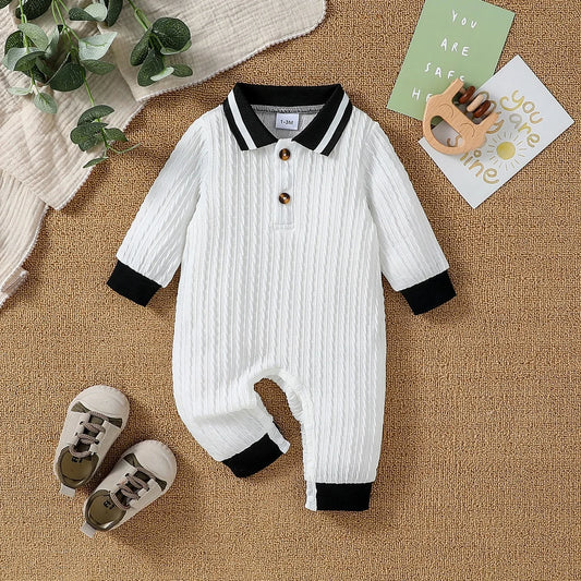 Baby Boy Autumn Jumpsuit – Solid White Turn-Down Collar Romper with Buttons (Casual Daily Wear, 0-18 Months)
