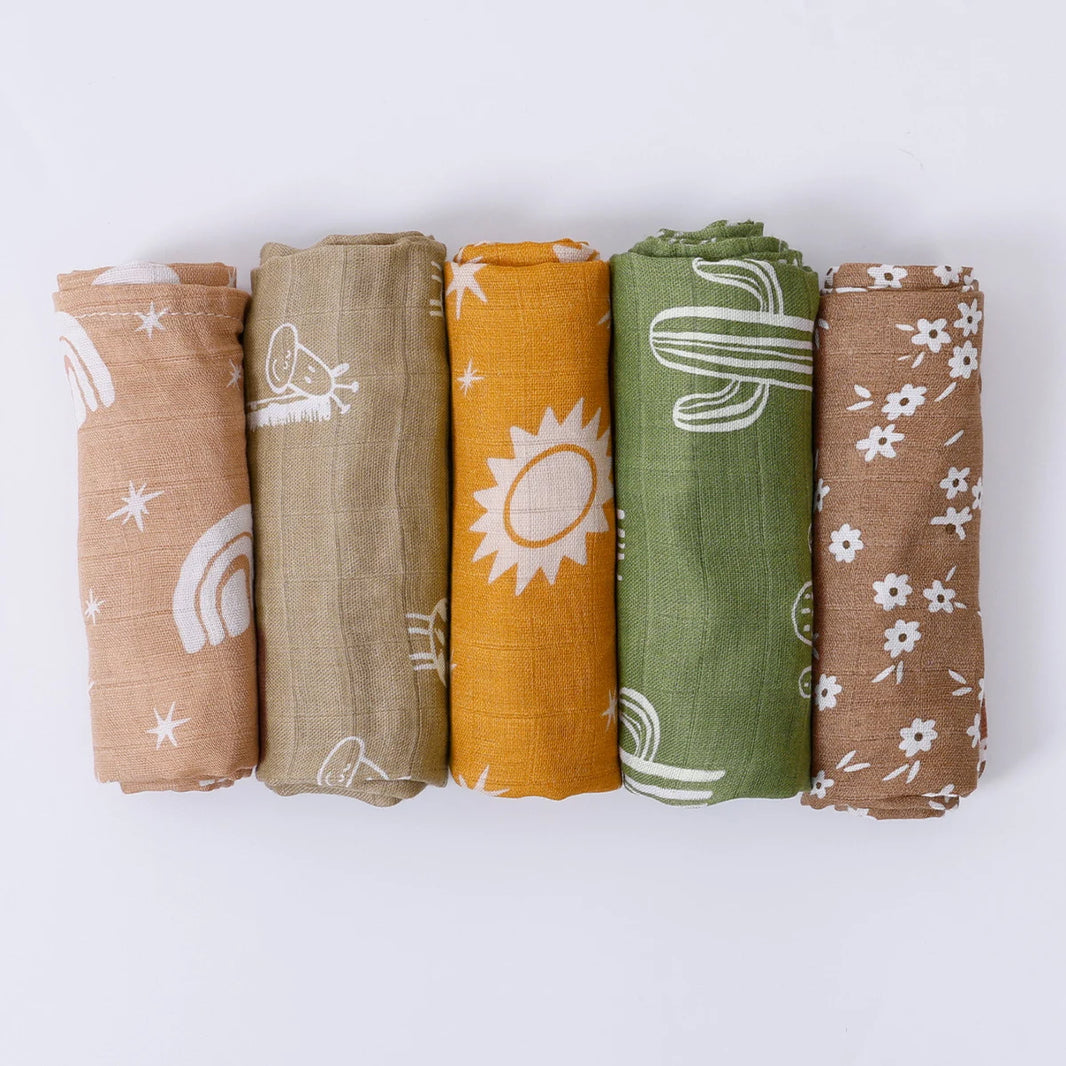 5-Piece Set – Multi-Functional Bamboo Cotton Muslin Bibs & Burp Cloths – Soft & Breathable Washcloths for Newborns - Kidzy Market