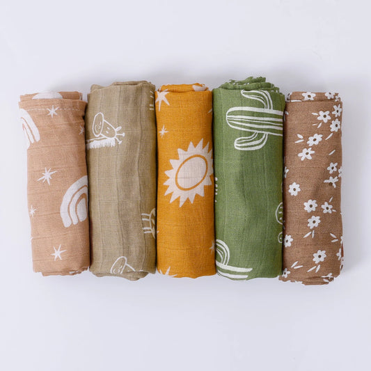 5-Piece Set – Multi-Functional Bamboo Cotton Muslin Bibs & Burp Cloths – Soft & Breathable Washcloths for Newborns - Kidzy Market
