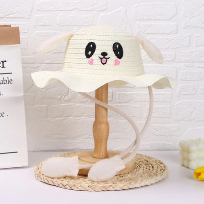 Kids Straw Sun Hat with Pop-Up Bunny Ears — Wide Brim 6.5 cm (2.6 in), 54 cm (21.3 in) Head — UPF 50+ Unisex Beach & Summer Hat, TikTok-Trending