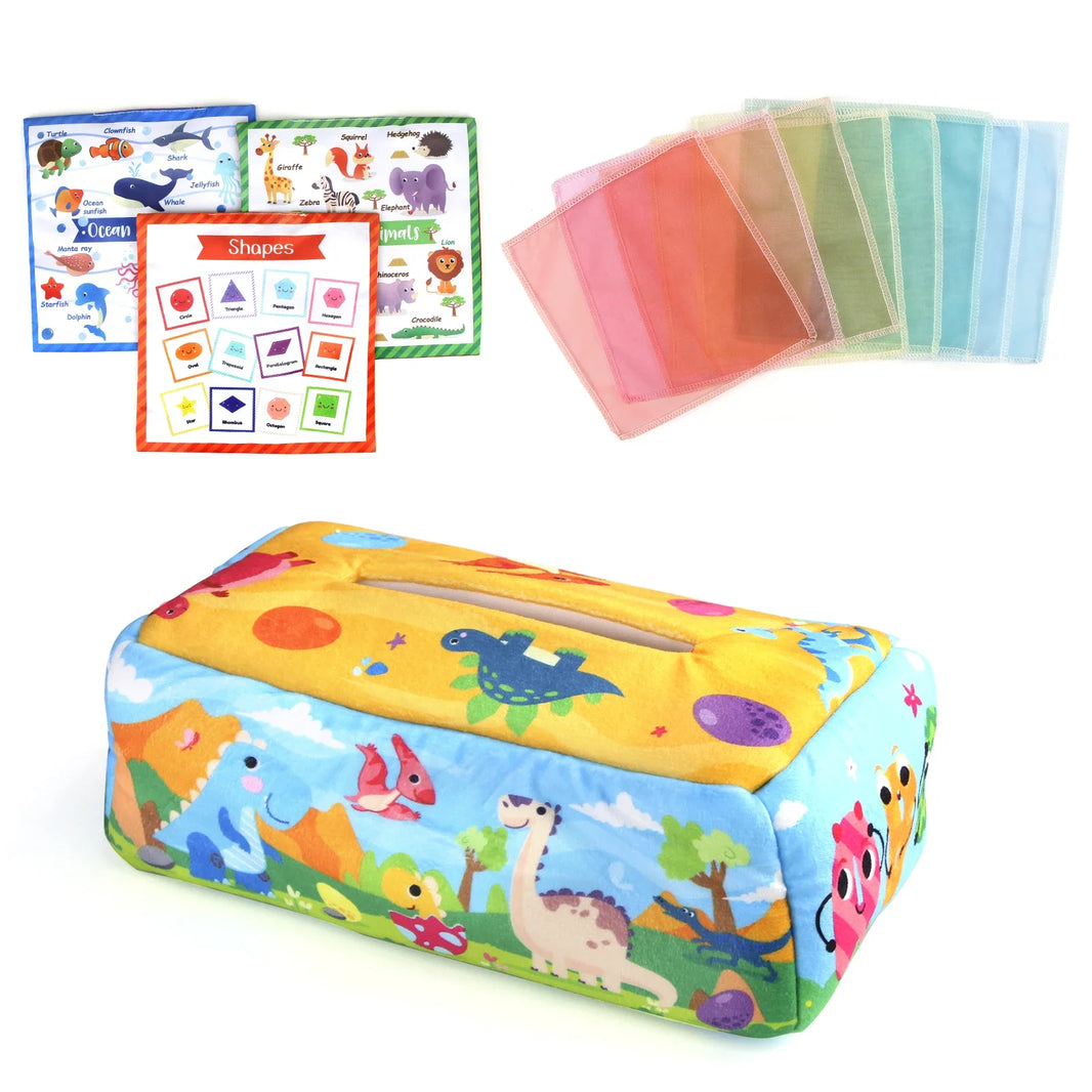 Baby Tissue Box Sensory Toy – Colorful Soft Montessori Educational Toy for Toddlers 0-18M, Finger Exercise and Pumping Silk Scarf Gift