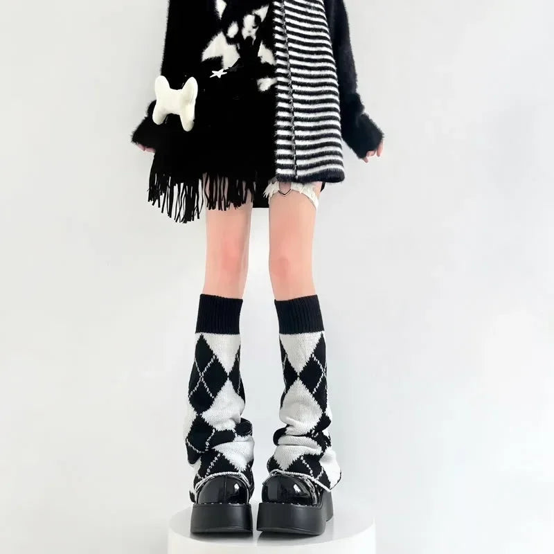 Y2K Punk Knitted Leg Warmers - Star Gothic Cross Harajuku Women Heart Two-Side Wear Loose Fit Leg Covers | JK Thigh High Lolita Socks