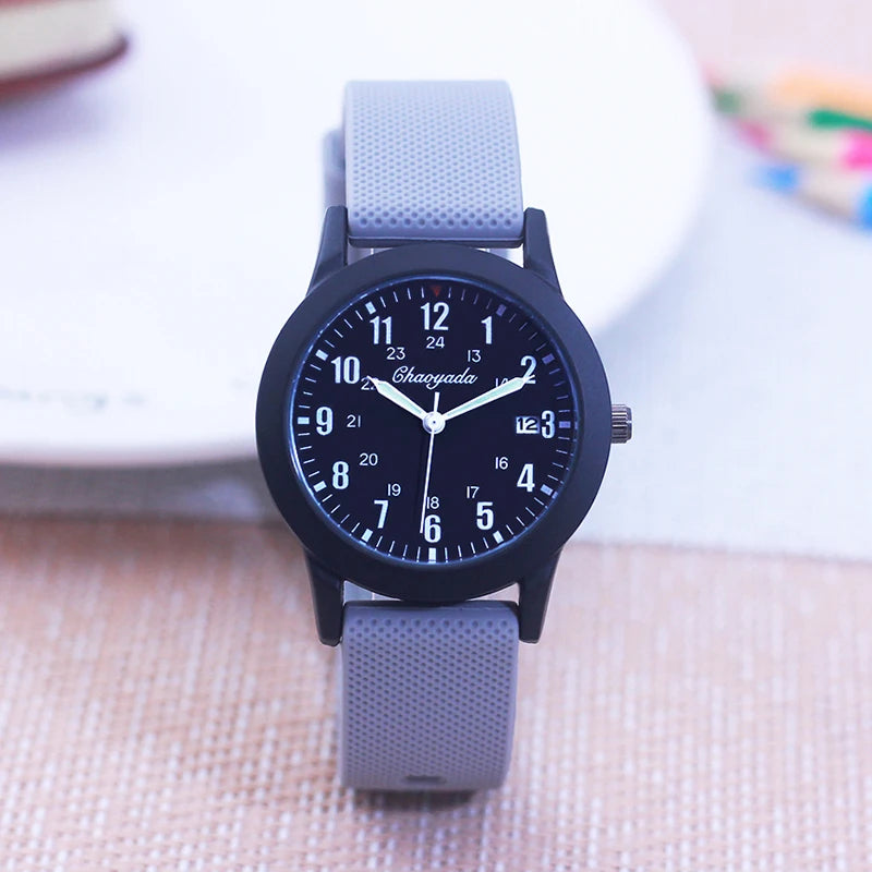 Fashion Boys and Girls Multifunction Date 24-Hour Waterproof Watch with Soft Silicone Strap High-Quality Student Gift