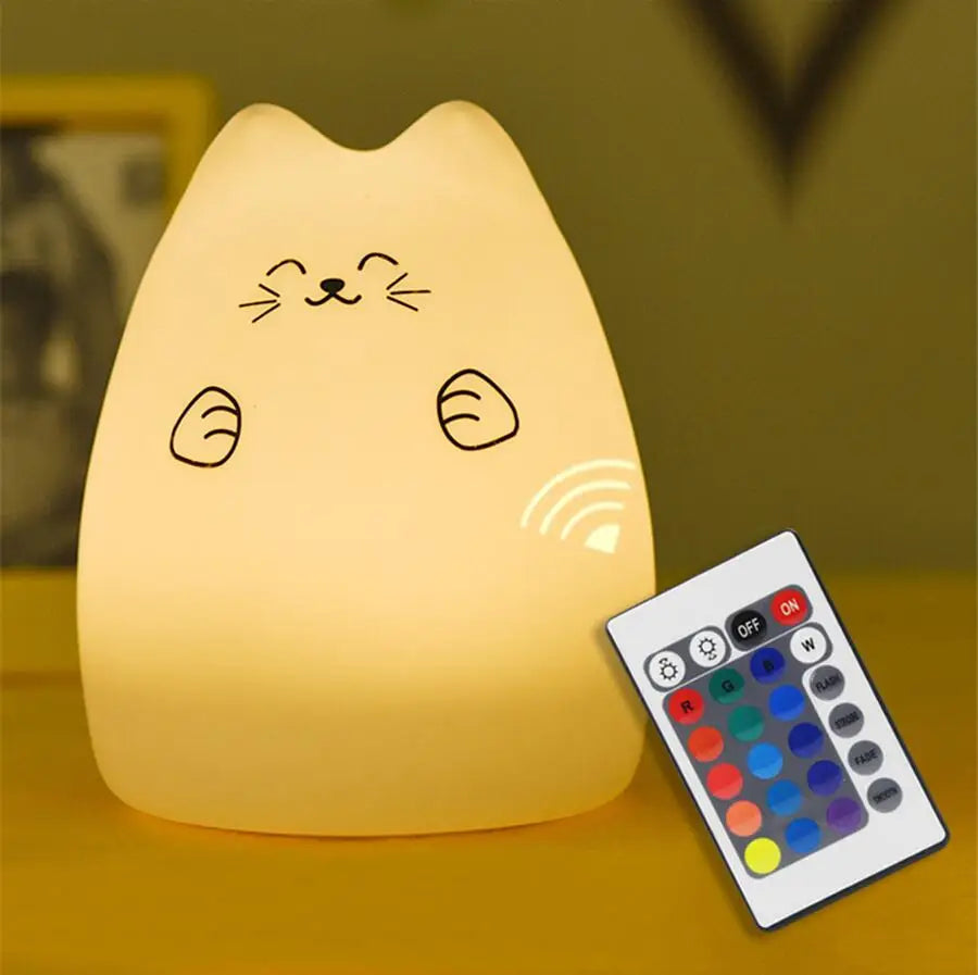 Colorful LED Night Light Cute Cat Silicone Soft Breathing Cartoon Nursery Lamp for Kids Gift