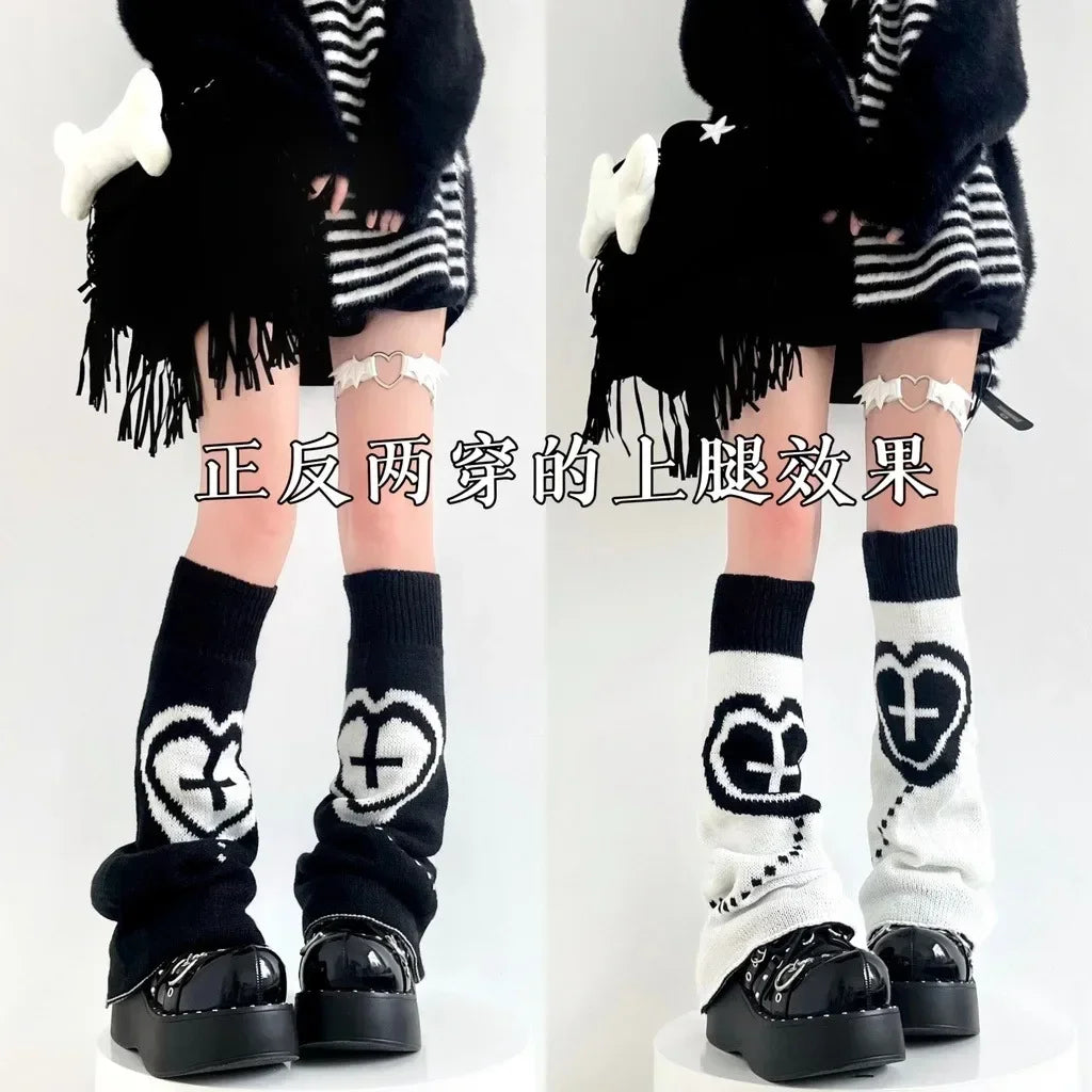 Y2K Punk Knitted Leg Warmers - Star Gothic Cross Harajuku Women Heart Two-Side Wear Loose Fit Leg Covers | JK Thigh High Lolita Socks