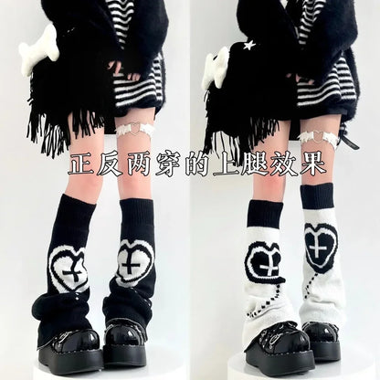 Y2K Punk Knitted Leg Warmers - Star Gothic Cross Harajuku Women Heart Two-Side Wear Loose Fit Leg Covers | JK Thigh High Lolita Socks