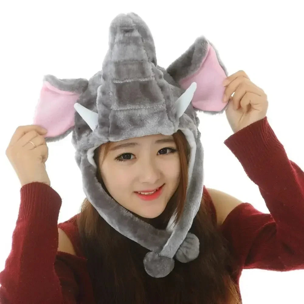 Plush Animal Hat with Moving Ears — 60 cm (23.6 in) Hand-Activated Earflap Beanie & Neck Warmer