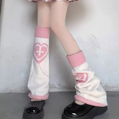 Y2K Punk Knitted Leg Warmers - Star Gothic Cross Harajuku Women Heart Two-Side Wear Loose Fit Leg Covers | JK Thigh High Lolita Socks