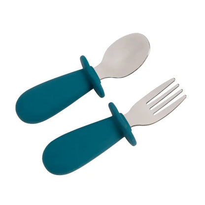 2PCS Baby Tableware Set – Stainless Steel Food Feeding Spoon & Fork, Silicone Handle Utensils for Infants & Toddlers, BPA-Free Cutlery Set