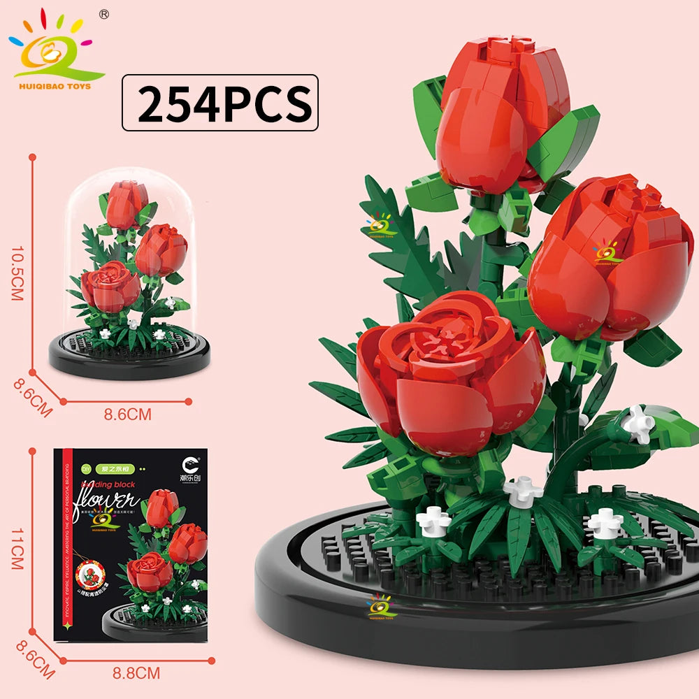 HUIQIBAO MOC Eternal Bouquet Micro Building Blocks – DIY Flower Model and Home Desk Decoration Toy for Kids