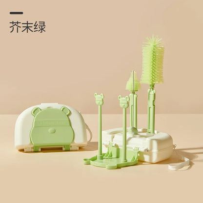 6-in-1 Bottle Cleaning Brush Set with Drying Rack, Silicone Bottle Brush, Straw Brush, Nipple Brush, Soap Dispenser & Storage Box