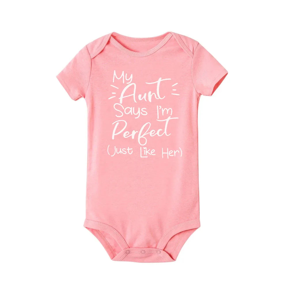 “My Aunt Says I’m Perfect” Letter Printed Infant Toddler Jumpsuit – Summer Newborn Bodysuit – Funny Auntie Baby Clothes – Baby Shower Gifts