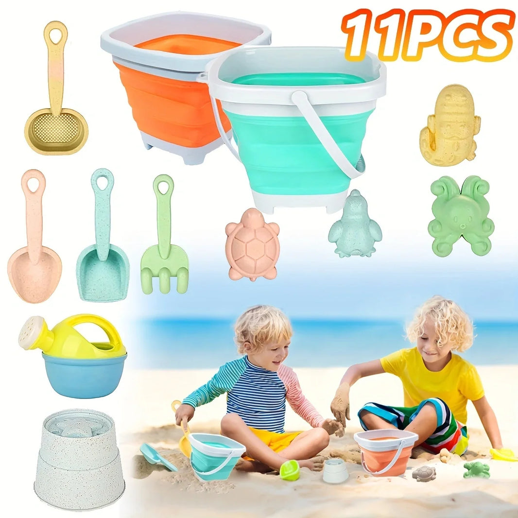 11Pcs Beach Toy Set With Collapsible Bucket, Shovel & Sand Molds — Summer Outdoor Sandbox Toys