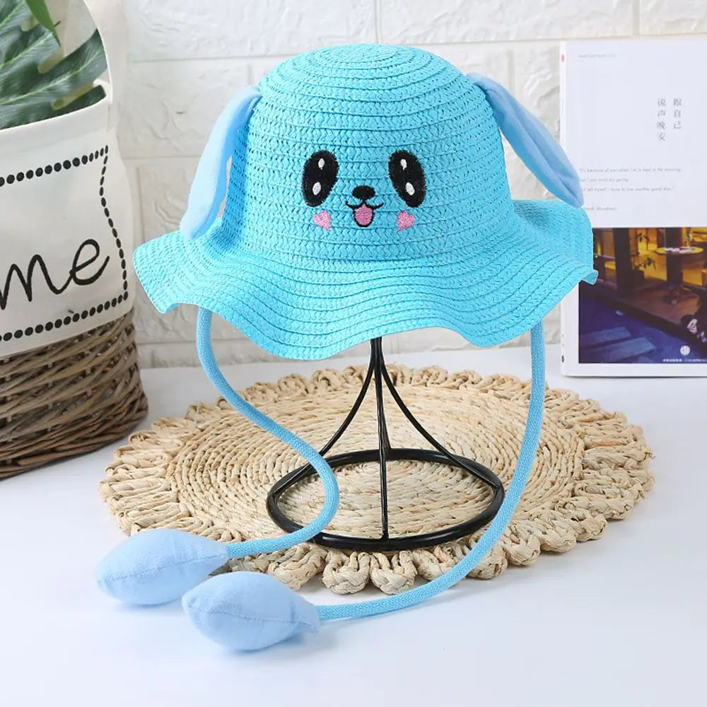 Kids Straw Sun Hat with Pop-Up Bunny Ears — Wide Brim 6.5 cm (2.6 in), 54 cm (21.3 in) Head — UPF 50+ Unisex Beach & Summer Hat, TikTok-Trending