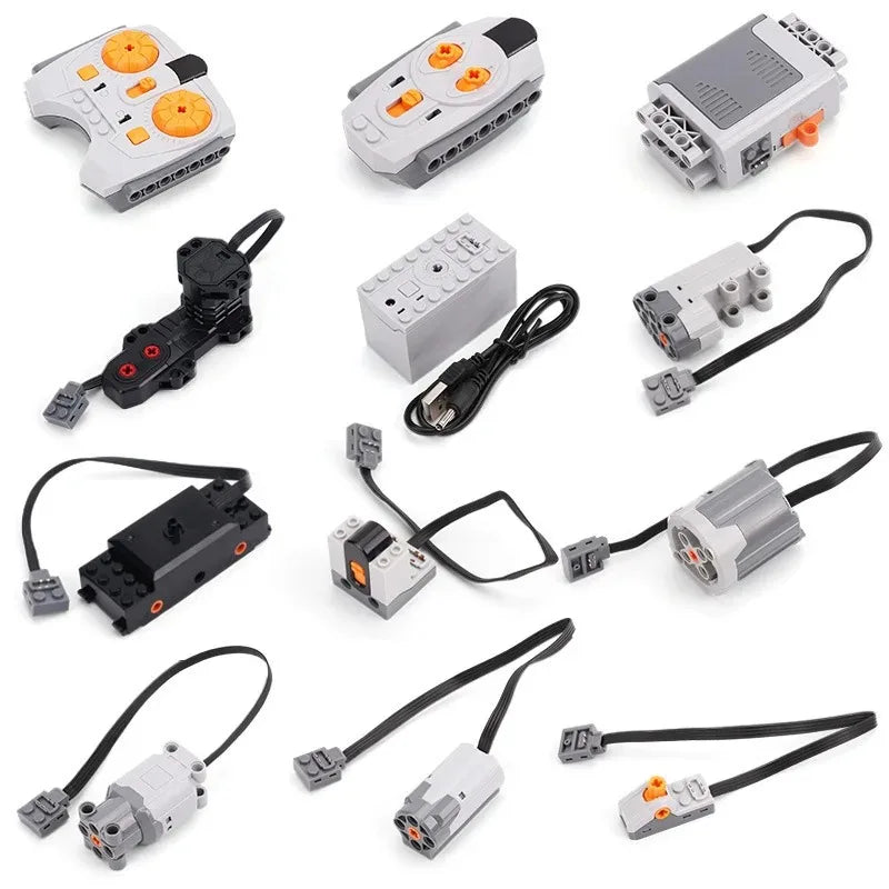 Electric Motor Set for RC Car – Battery Box, Switch, and LED Light Power Functions for MOC Building Blocks