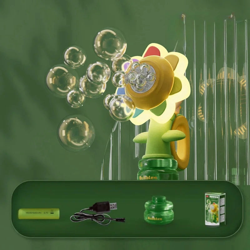 Sunflower Bubble Machine for Kids – Battery-Powered Automatic One-Button Bubble Maker with Shaking Head & LED Lights